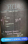 Hannah's General Store menu