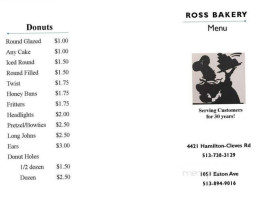 Ross Bakery menu