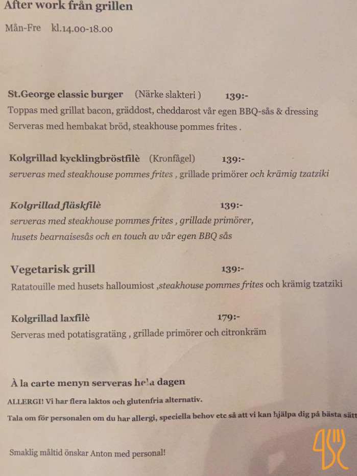 Restaurang St. George The Grill Meny