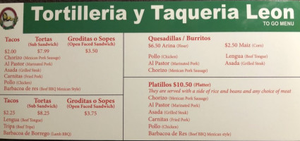 Tortilleria Y Taqueria Leon menu